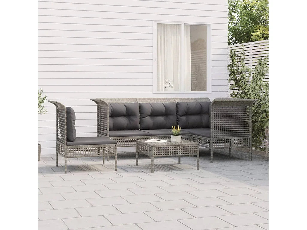 6-tlg. Garten-Sitzgruppe: Sofa + Tisch | Garten-Lounge-Set mit Kissen Grau Poly Rattan -GKD495164
