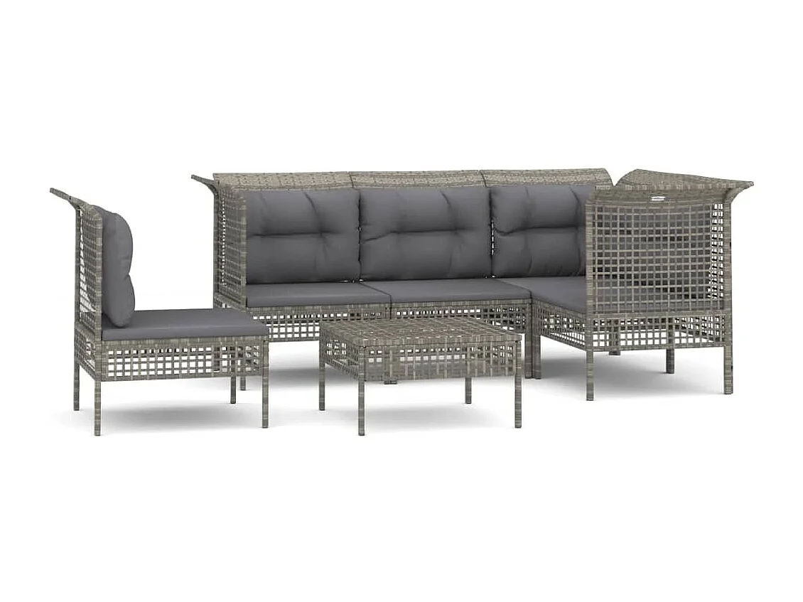 6-tlg. Garten-Sitzgruppe: Sofa + Tisch | Garten-Lounge-Set mit Kissen Grau Poly Rattan -GKD495164