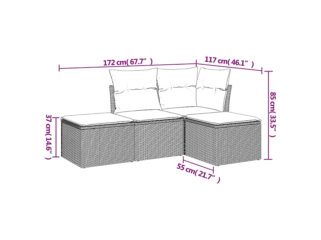 4 pcs conjunto de sofás para jardim c/ almofadões vime PE bege PT514789