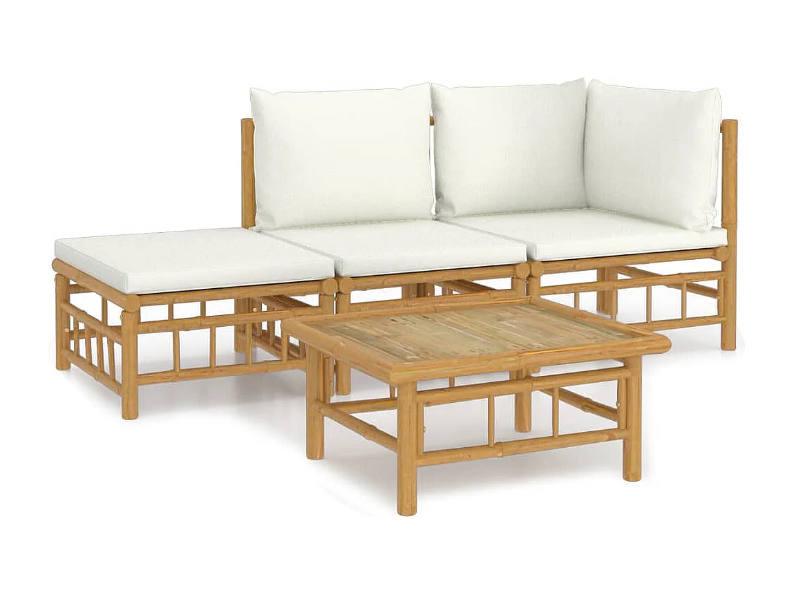 Salon de jardin 4 pcs avec coussins blanc crème bambou BE38038