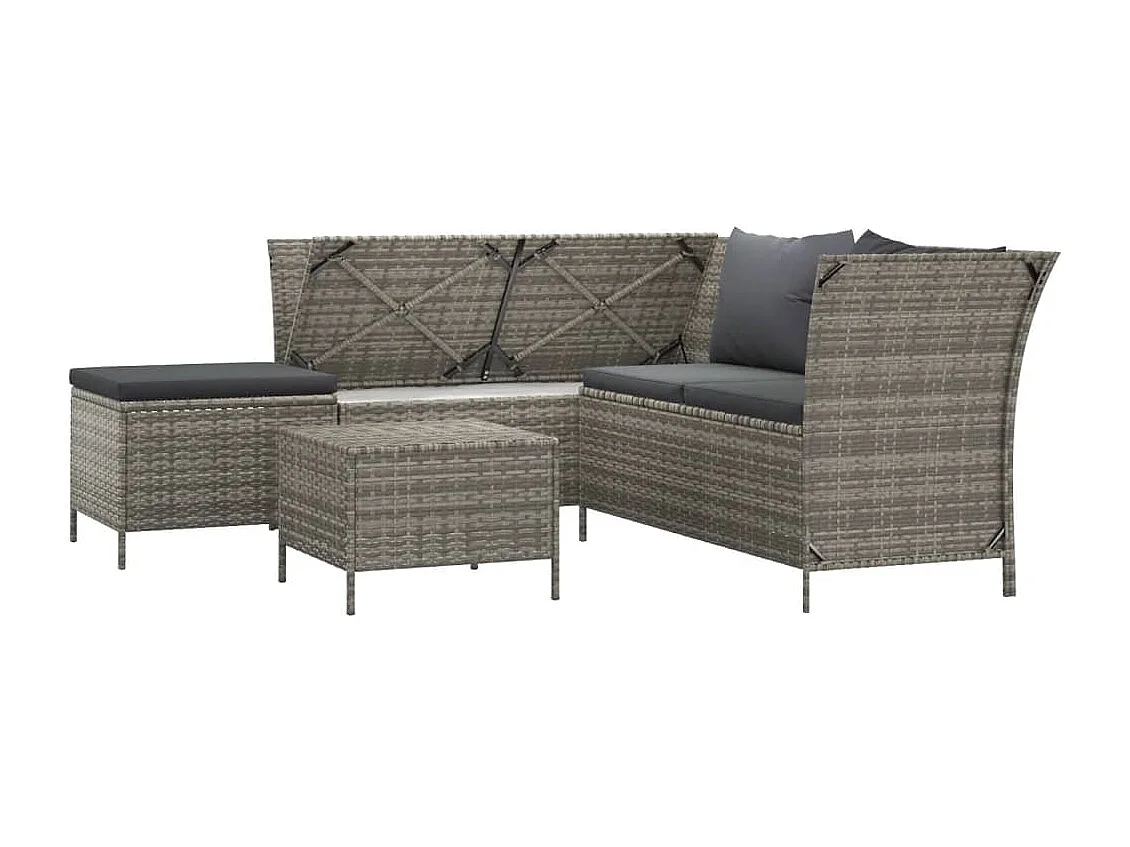 4-tlg. Garten-Sitzgruppe: Sofa + Tisch | Garten-Lounge-Set mit Kissen Grau Poly Rattan -GKD536501