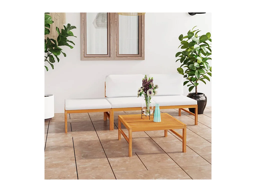 Salon de jardin 4 pcs avec coussins crème Bois de teck solide BE30892