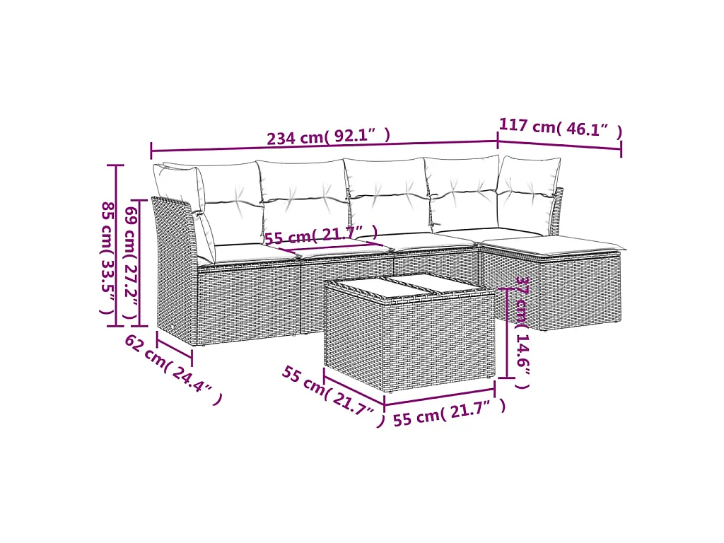6 pcs conjunto sofás de jardim c/ almofadões vime PE preto PT131606