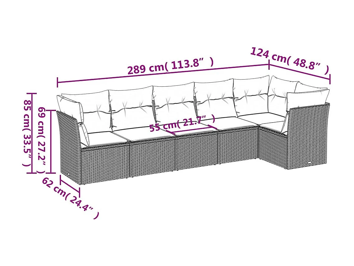 6 pcs conjunto sofás de jardim com almofadões vime cinzento PT268150