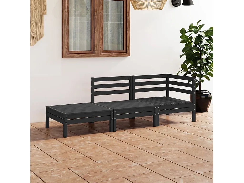 3 pzas Salón de jardín y cojines negro madera pino ES70482