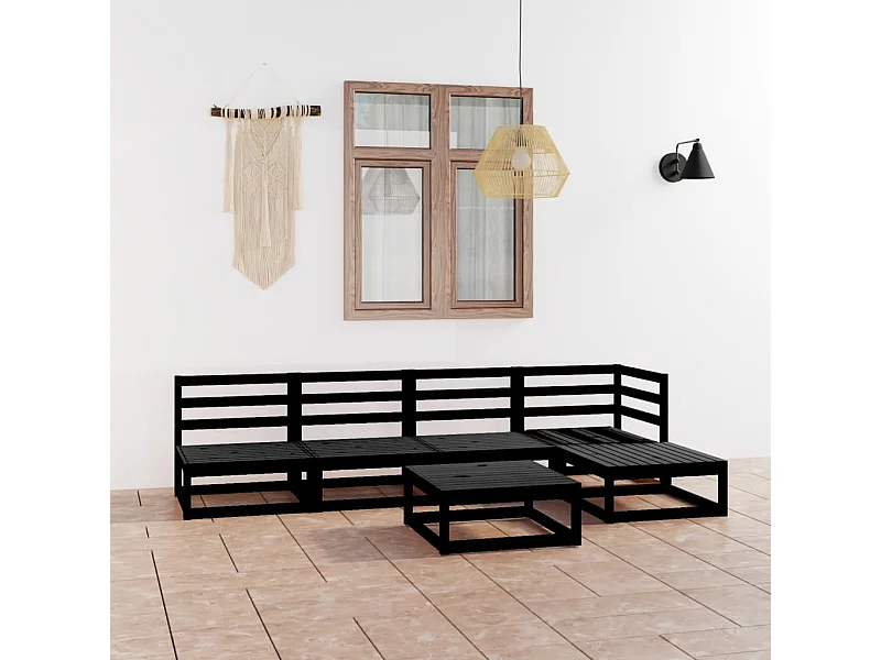 Salon de jardin 6 pcs noir bois de pin massif BE78618