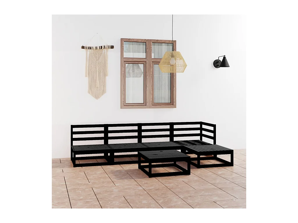 Salon de jardin 6 pcs noir bois de pin massif BE78618