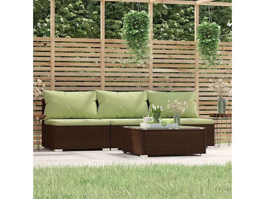 4 pcs conjunto lounge jardim c/ almofadões vime PE castanho PT25523