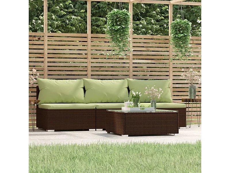 4 pcs conjunto lounge jardim c/ almofadões vime PE castanho PT25523