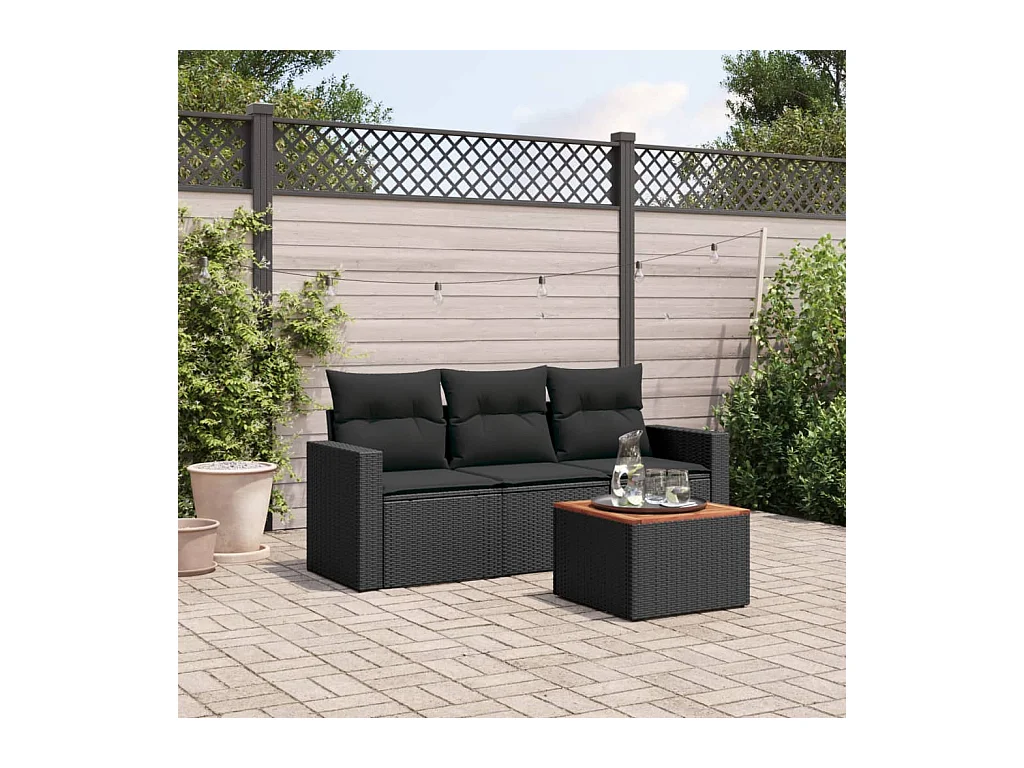 Salon de jardin 4 pcs avec coussins noir résine tressée BE66326