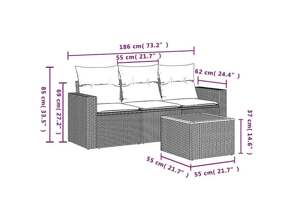 4-delige Loungeset met kussens poly rattan zwart NL14070