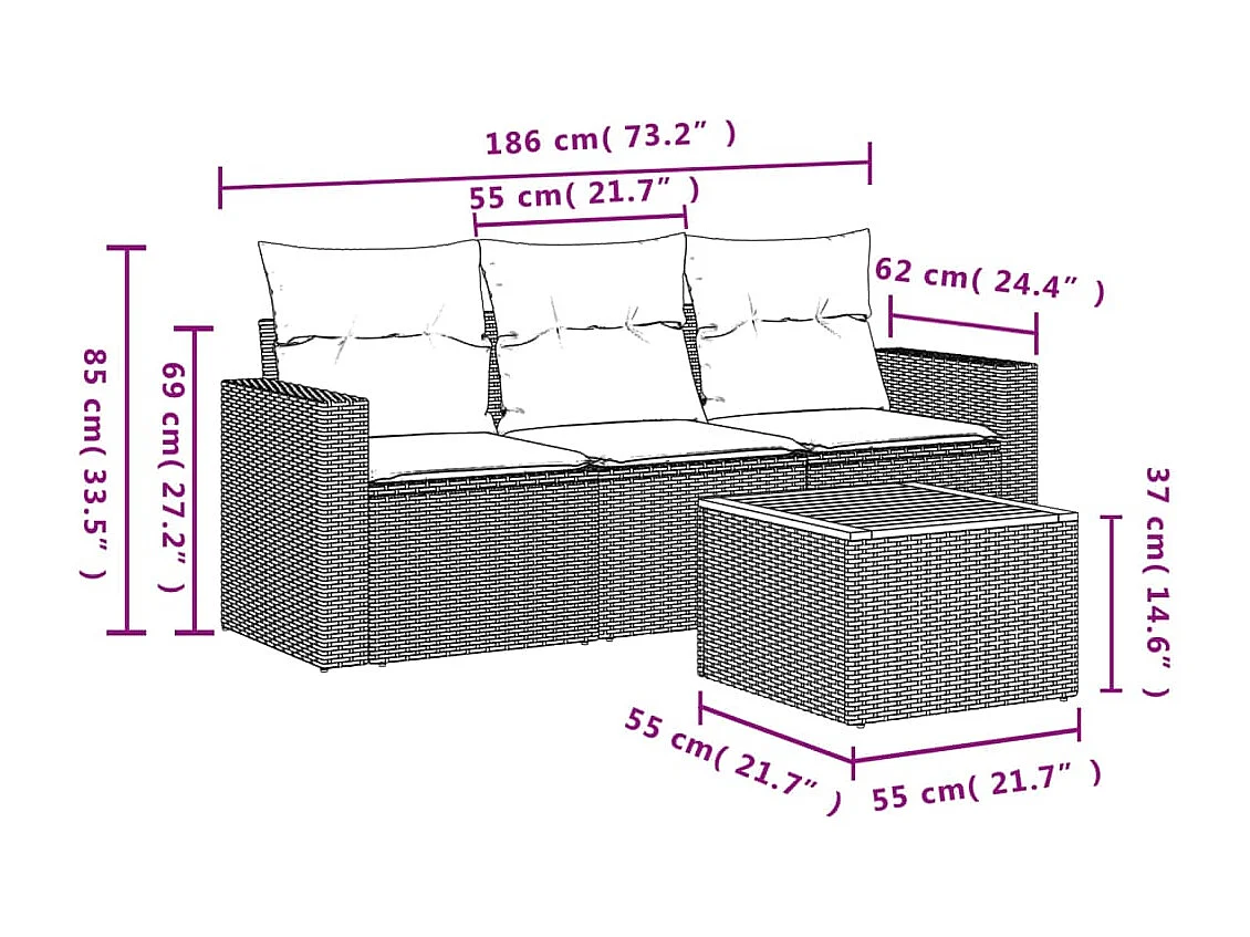 Salon de jardin 4 pcs avec coussins gris résine tressée BE76285