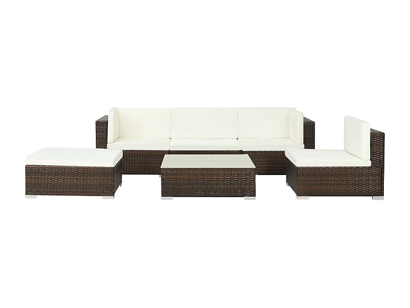 6 pcs conjunto lounge jardim c/ almofadões vime PE castanho PT55663