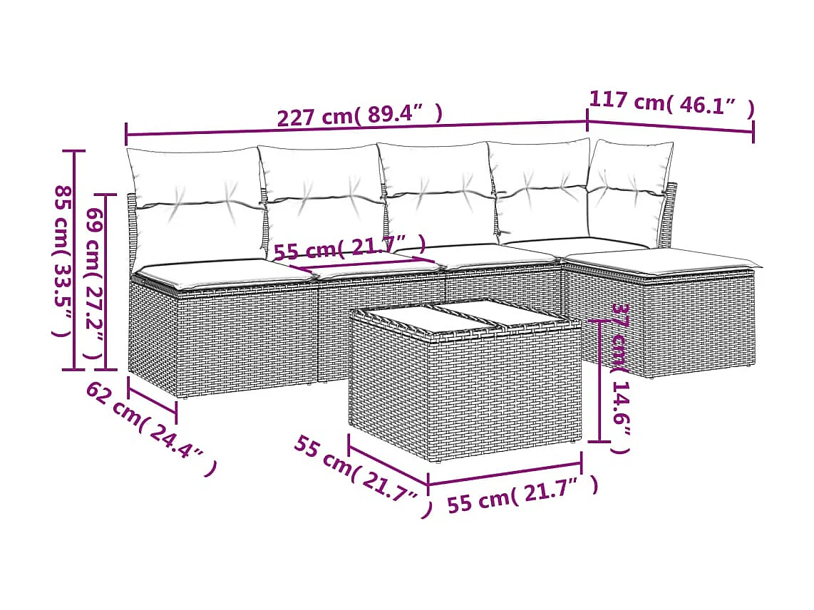 6 pcs conjunto de sofás p/ jardim com almofadões vime PE bege PT354994