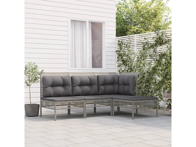 4-tlg. Garten-Sitzgruppe: Sofa + Tisch | Garten-Lounge-Set mit Kissen Grau Poly Rattan -GKD593854