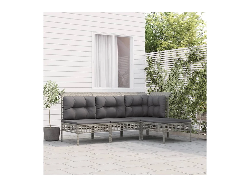 Salon de jardin 4 pcs avec coussins Gris Résine tressée BE98263