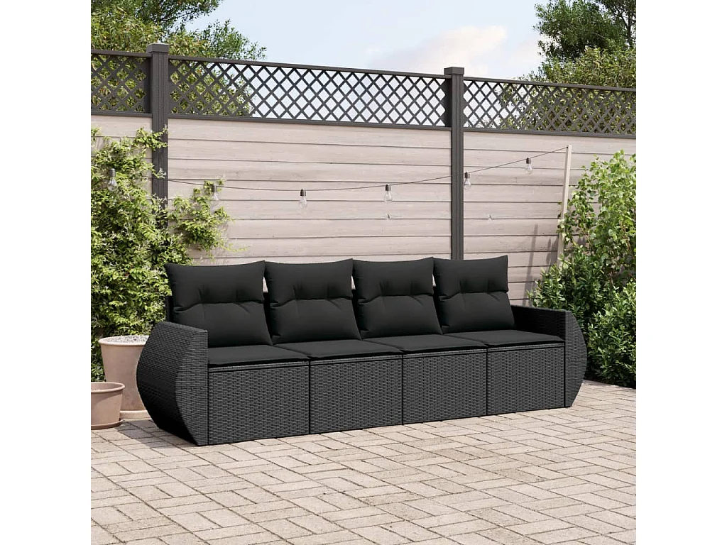 Salon de jardin 4 pcs avec coussins noir résine tressée BE89023