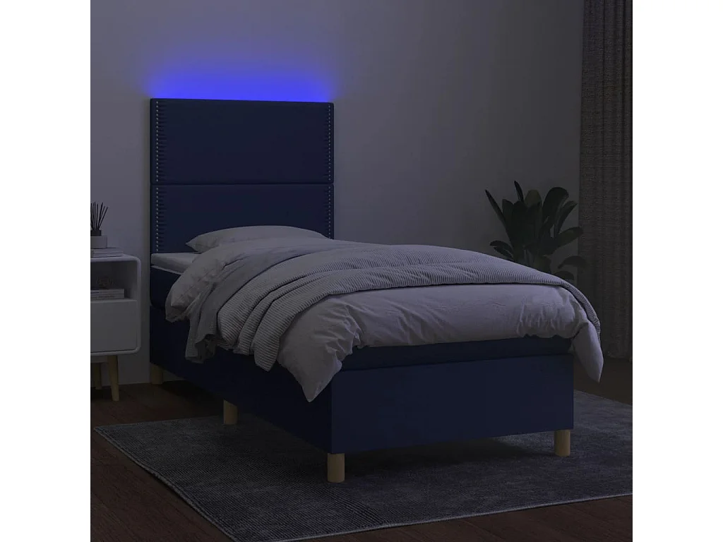 Conjunto Boxspring - 90x200 cm + Somieres + colchón + luces LED tela azul ES44069