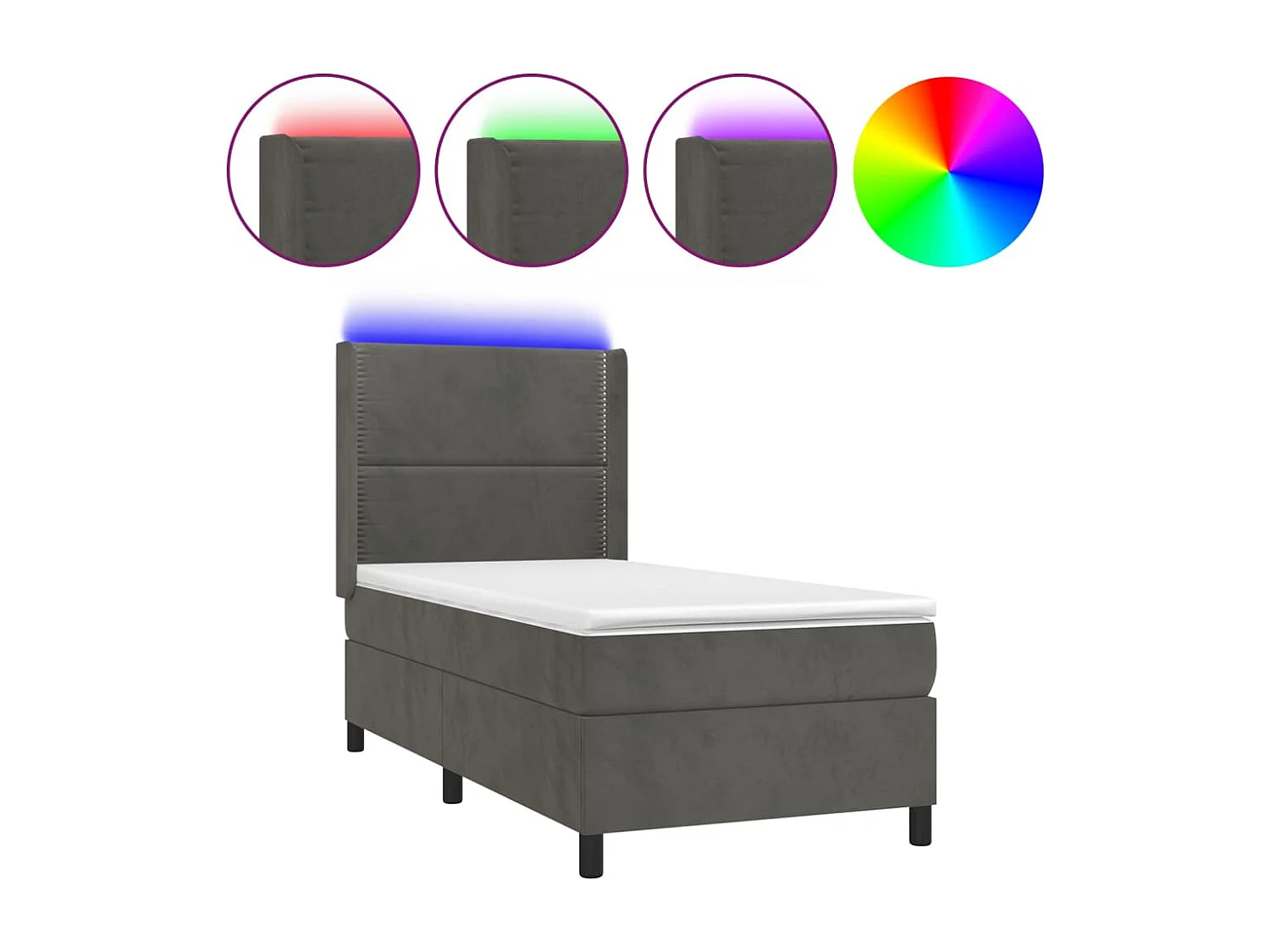 Conjunto Boxspring - 80x200 cm + Somieres + colchón + LED terciopelo gris oscuro ES43829