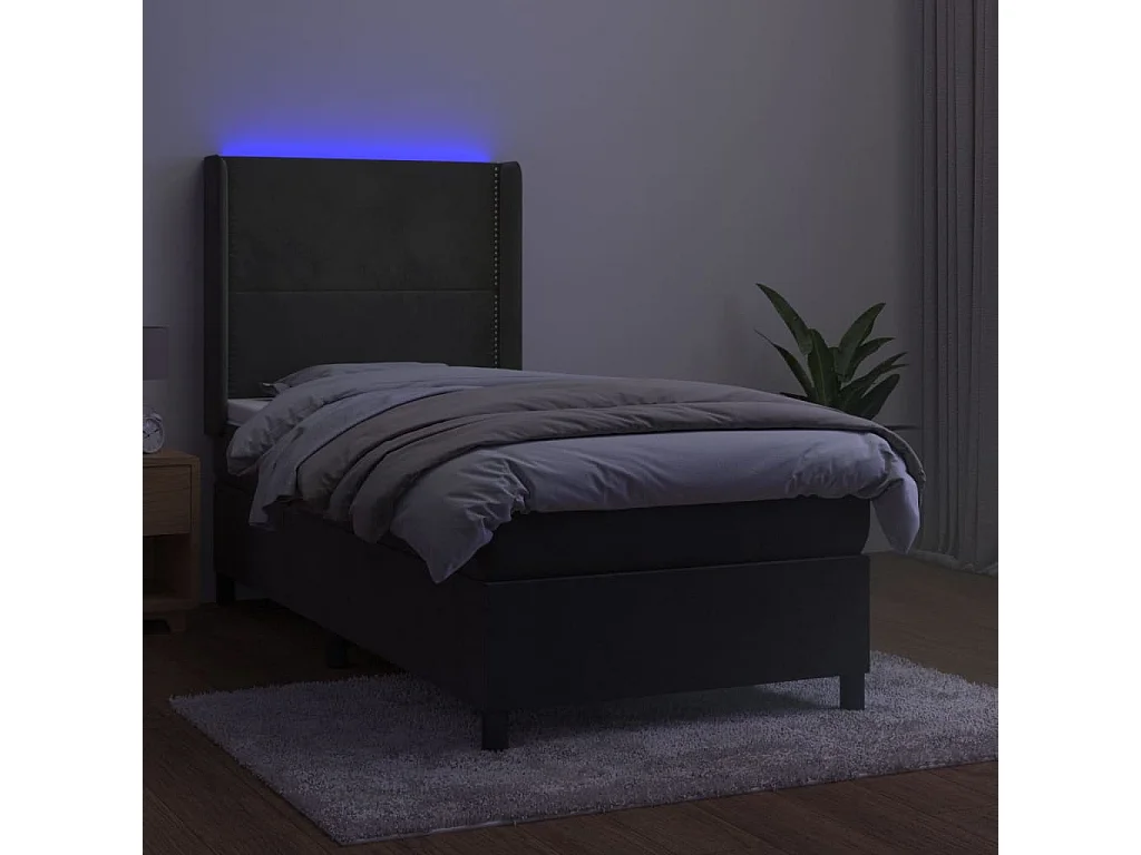 Conjunto Boxspring - 80x200 cm + Somieres + colchón + LED terciopelo gris oscuro ES43829