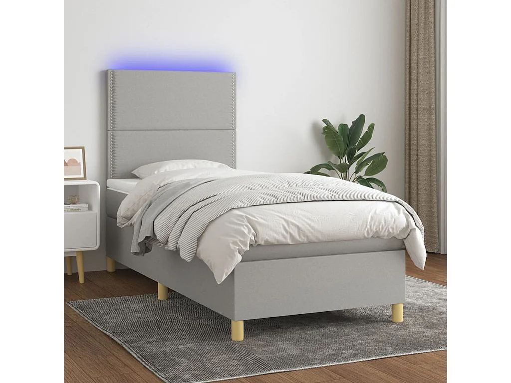 Conjunto Boxspring - 90x190 cm + Somieres + colchón + luces LED tela gris claro ES43925