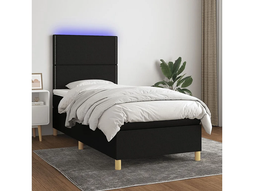 Cama continental c/ colchão e LED 100x200 cm tecido preto PT859399