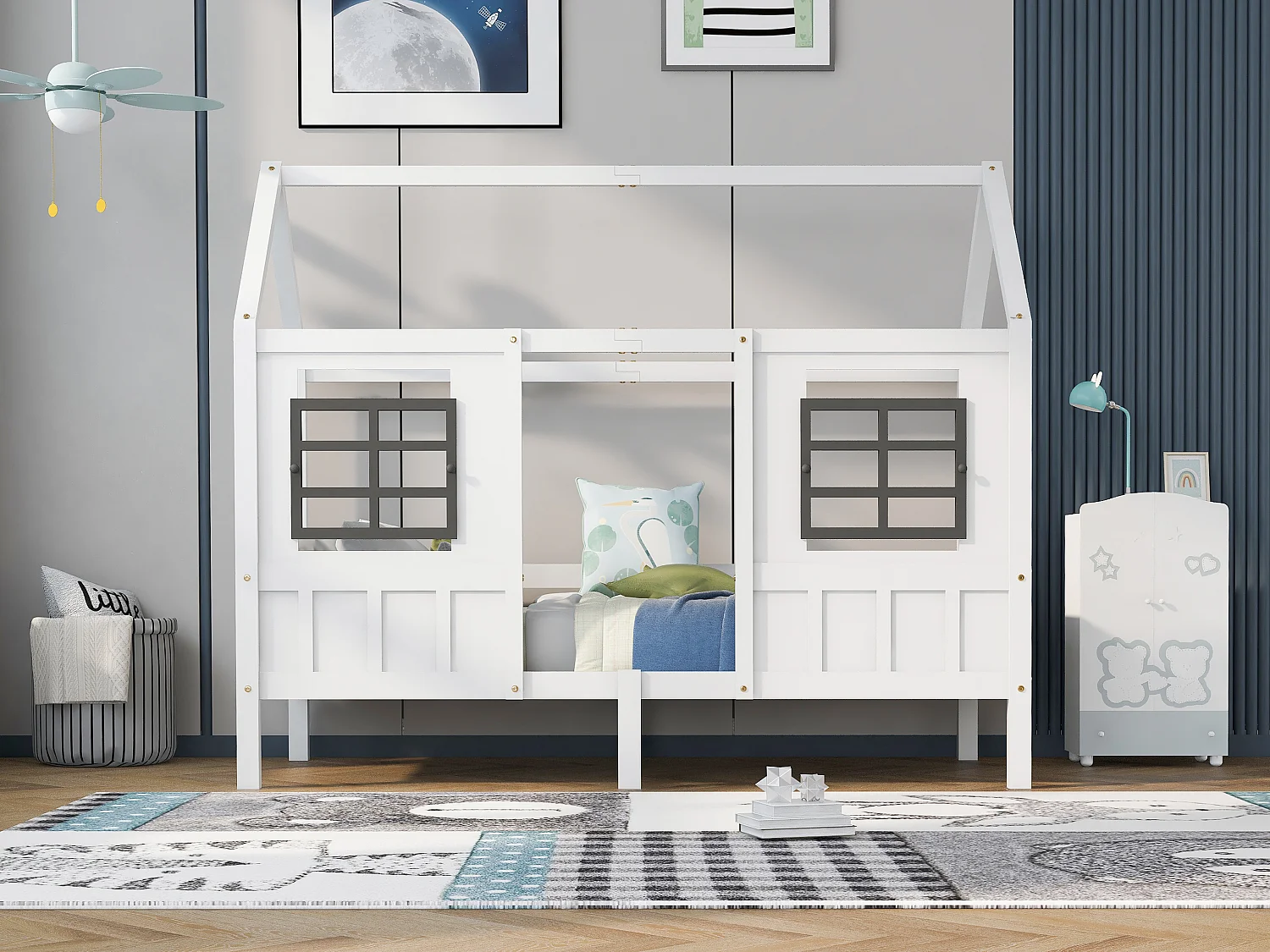 Lit cabane 90x200 cm lit enfant avec fenêtres et toît - bois de pin - blanc - sans matelas