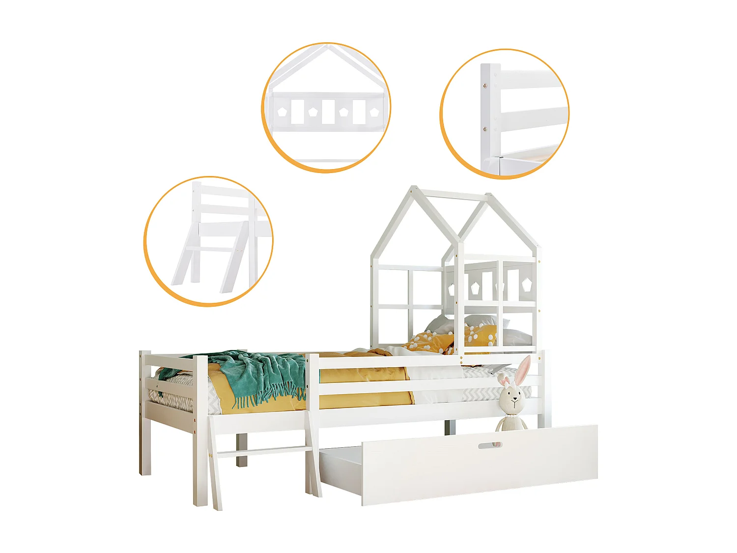 Lit cabane enfant 90x200 cm avec tiroir et escalier - Sommier inclus - Blanc
