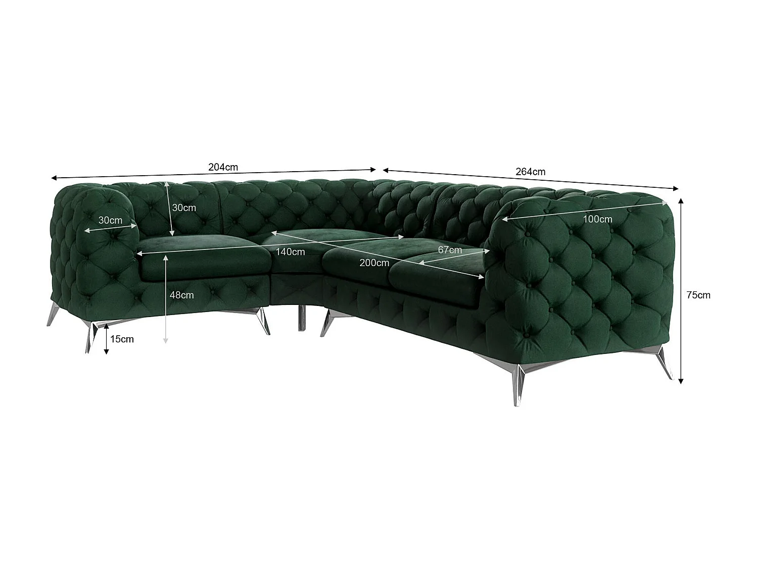 Ecksofa mit Ottomane Chesterfield Celeste mit Silber Metall Füßen