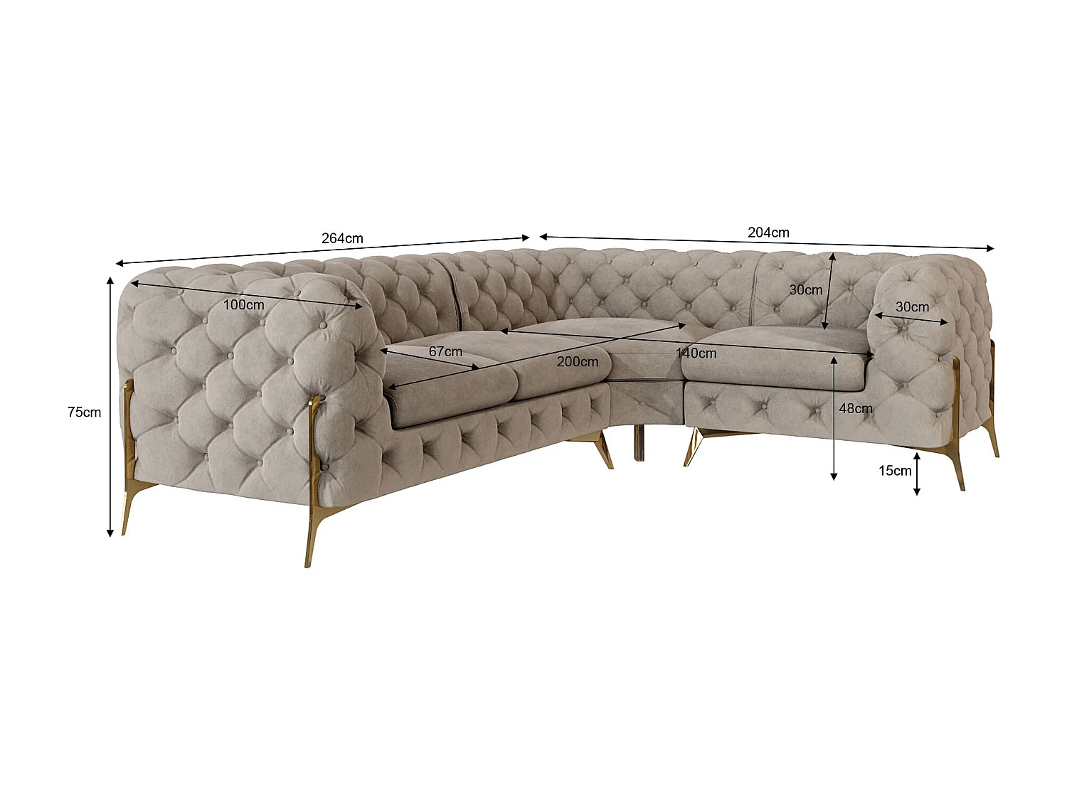 Ecksofa Chesterfield Ulysses mit Goldene Metall Füßen
