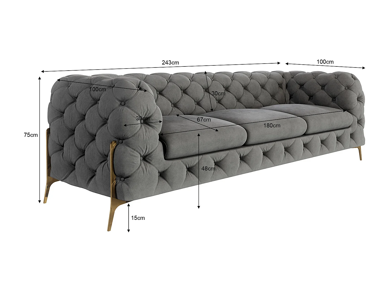 Ulysses 3-Sitzer Chesterfield Sofa mit Goldene Metall Füßen