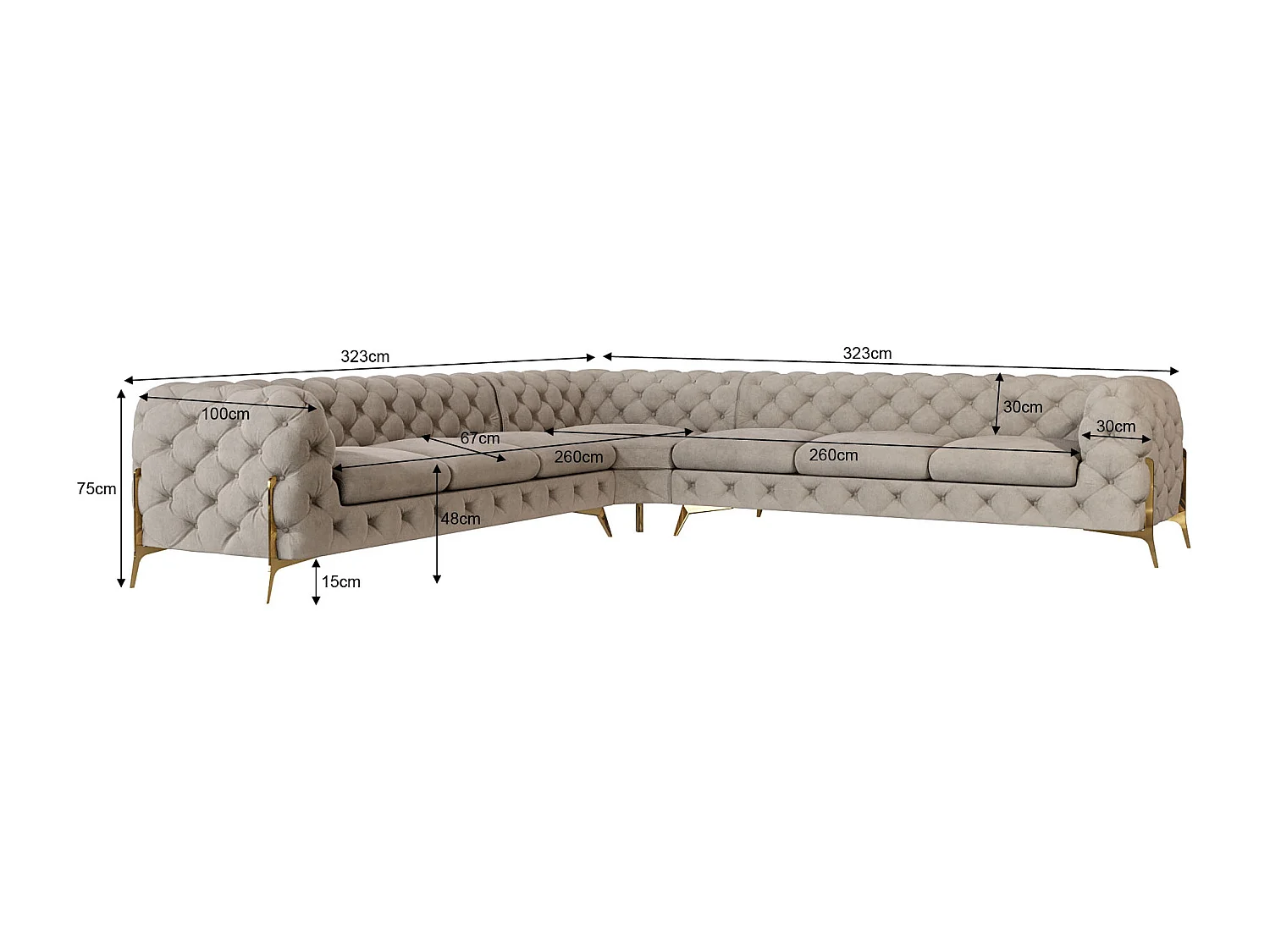 Ecksofa Chesterfield Ulysses mit Goldene Metall Füßen