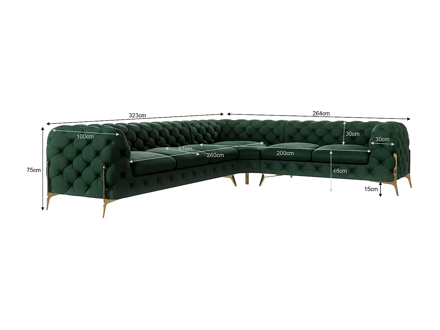 Ecksofa Chesterfield Ulysses mit Goldene Metall Füßen