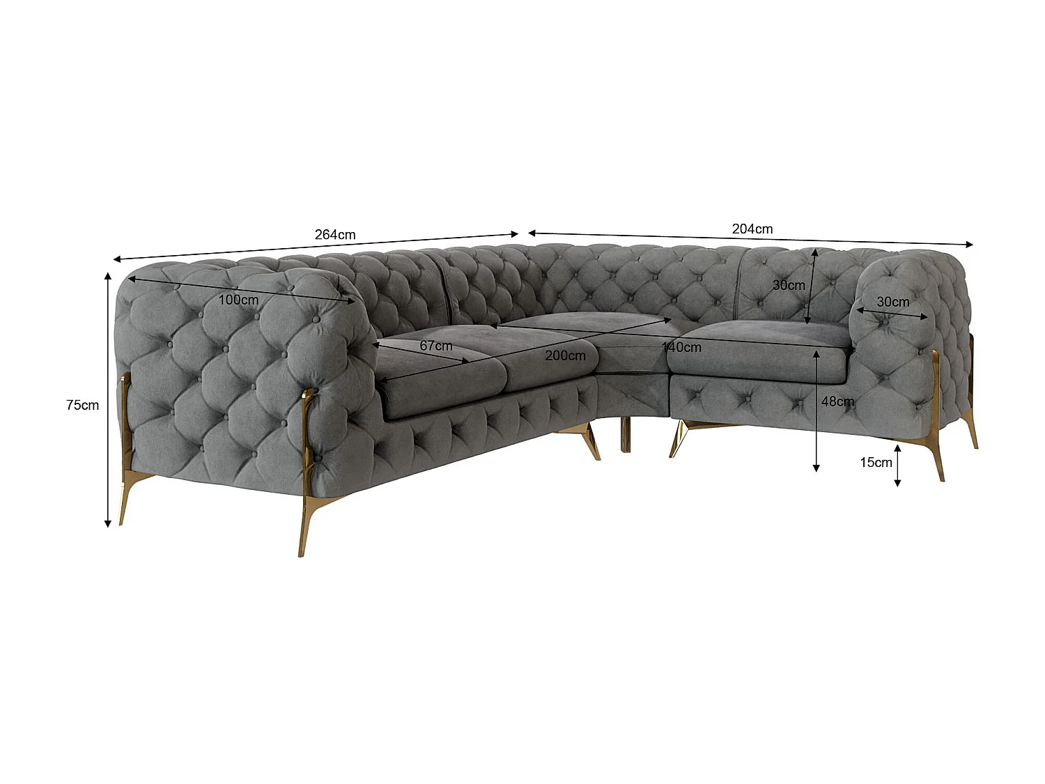 Ecksofa Chesterfield Ulysses mit Goldene Metall Füßen