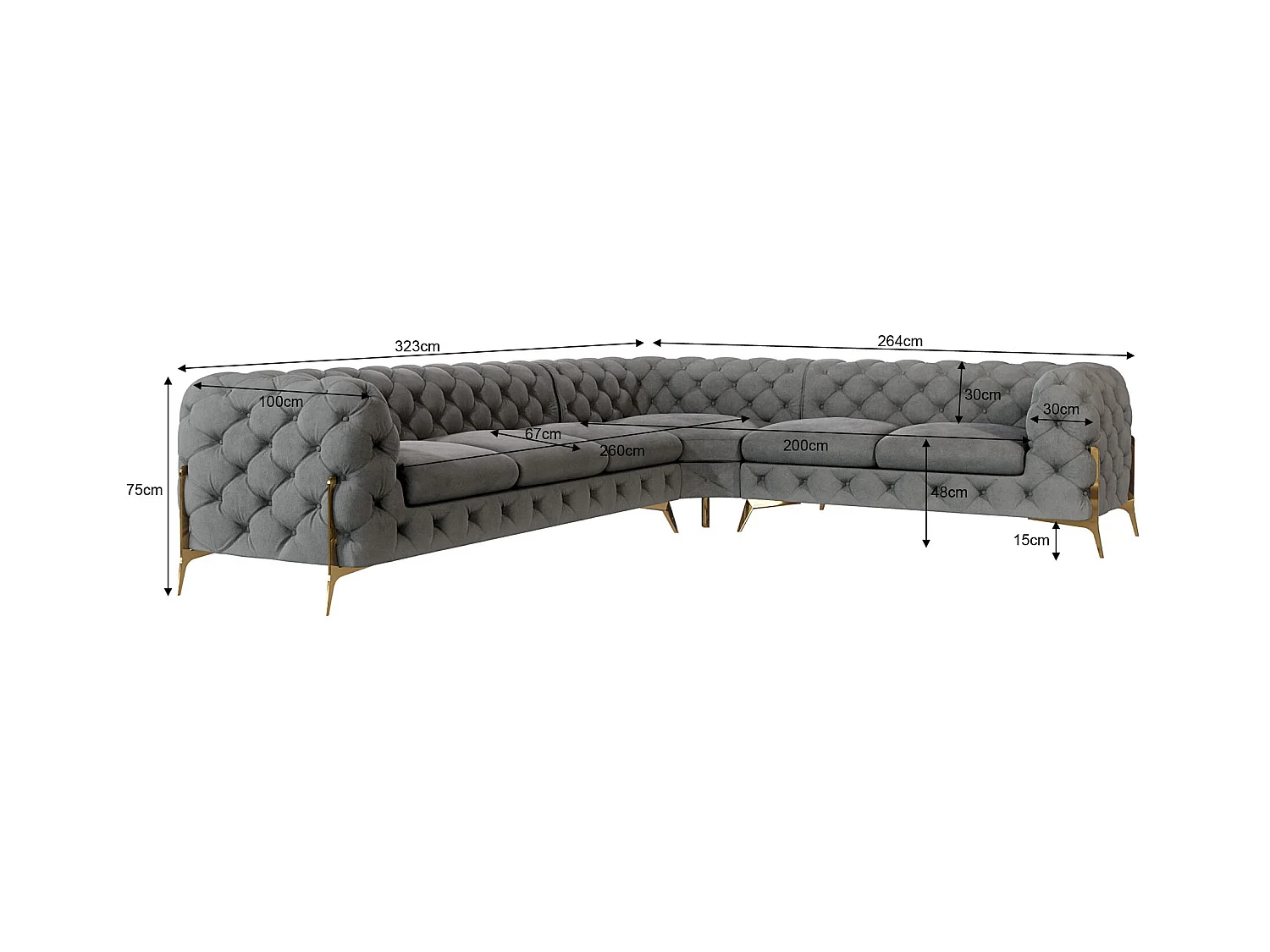 Ecksofa Chesterfield Ulysses mit Goldene Metall Füßen