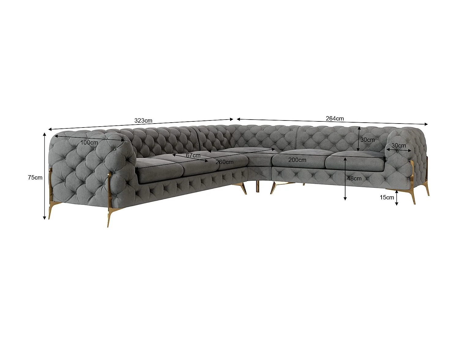 Ecksofa Chesterfield Ulysses mit Goldene Metall Füßen