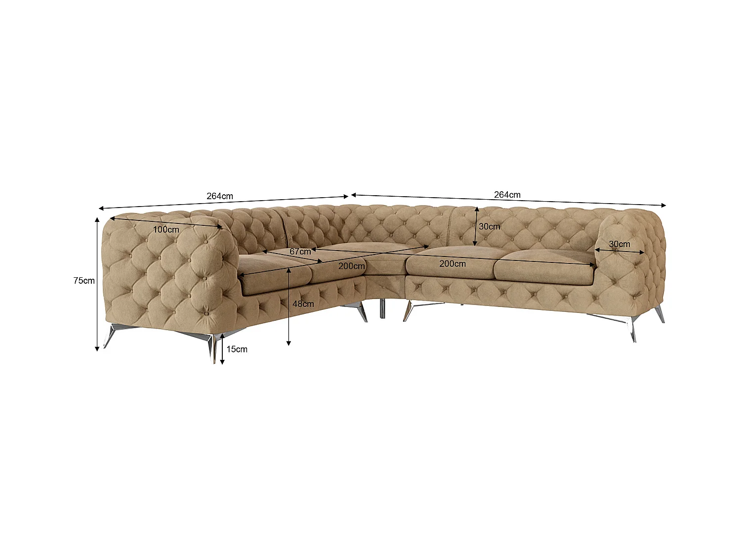 Ecksofa Chesterfield Celeste mit Silber Metall Füßen