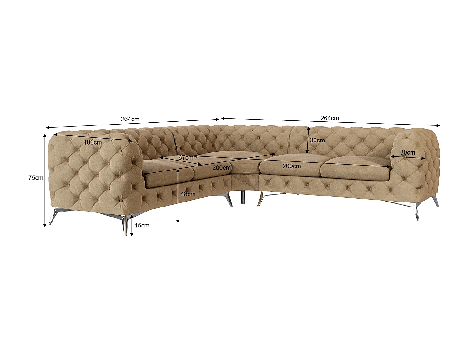 Ecksofa Chesterfield Celeste mit Silber Metall Füßen