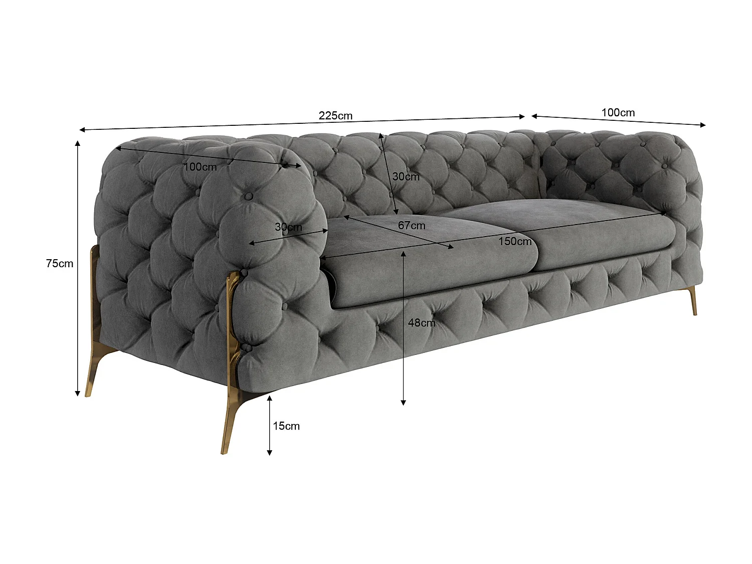 Ulysses 3-Sitzer Chesterfield Sofa mit Goldene Metall Füßen
