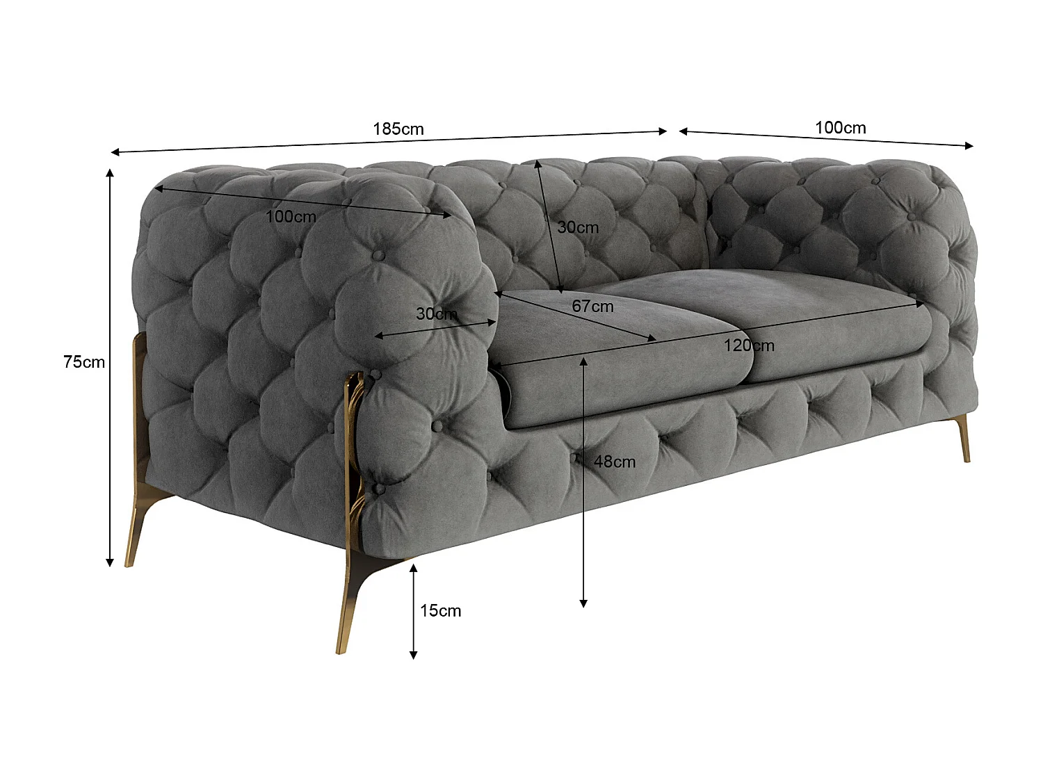 Ulysses 2-Sitzer Chesterfield Sofa mit Goldene Metall Füßen