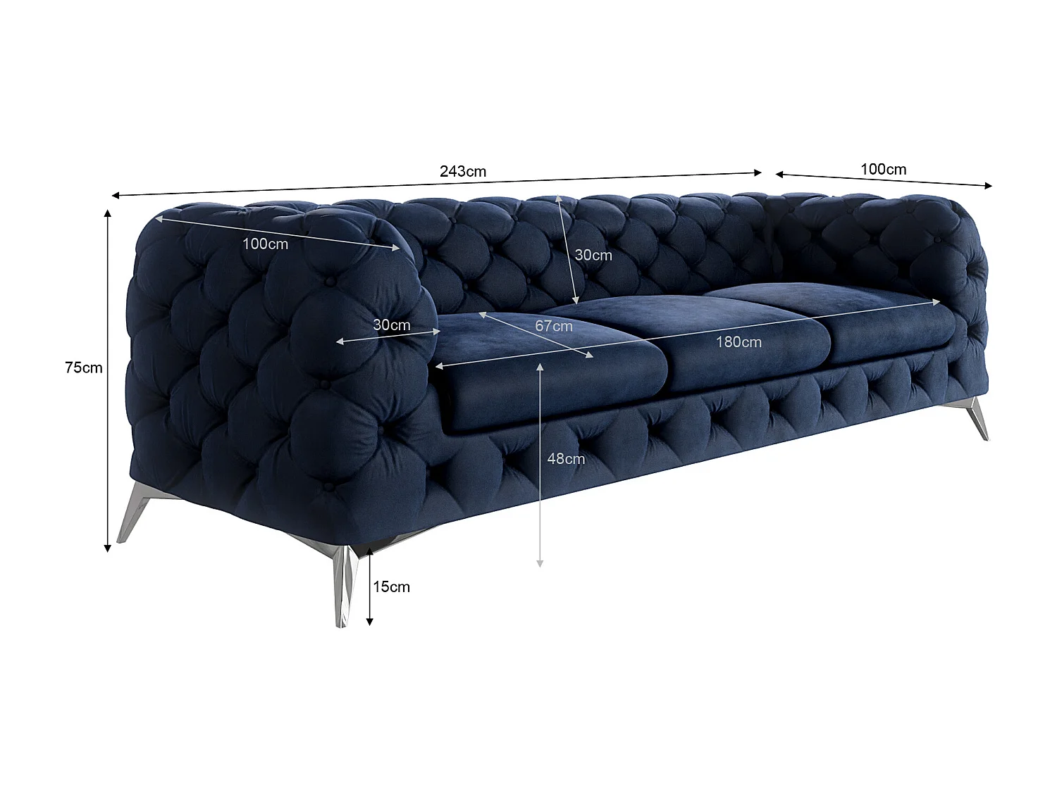 Celeste 3-Sitzer Chesterfield Sofa mit Silber Metall Füßen