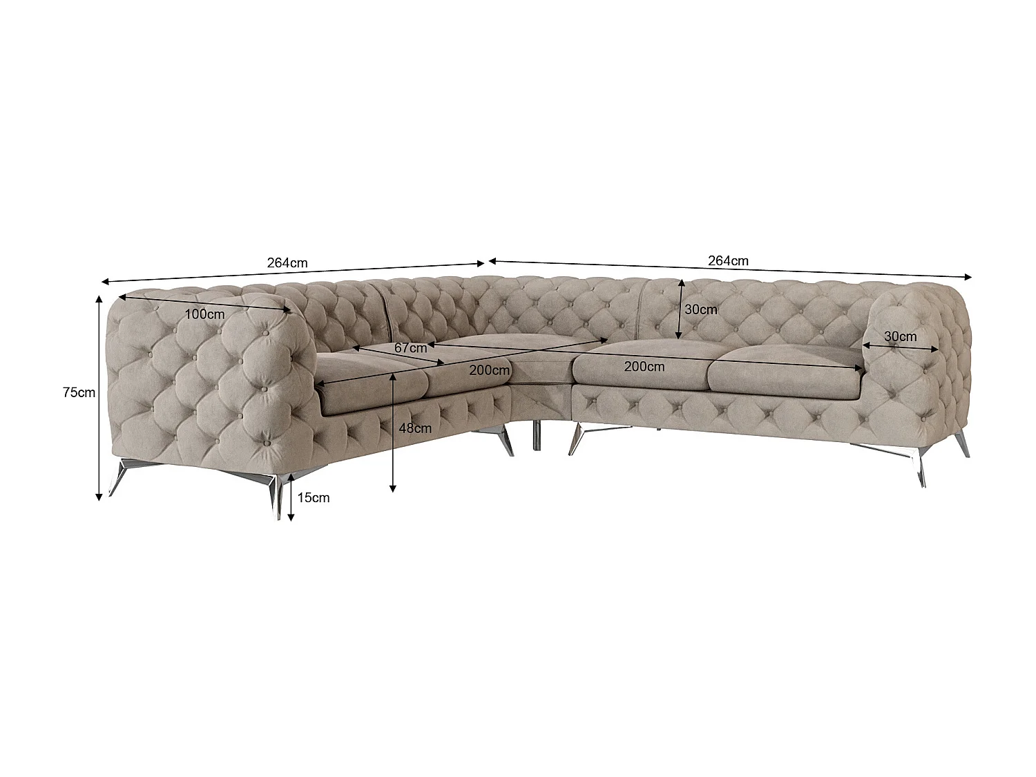 Ecksofa Chesterfield Celeste mit Silber Metall Füßen