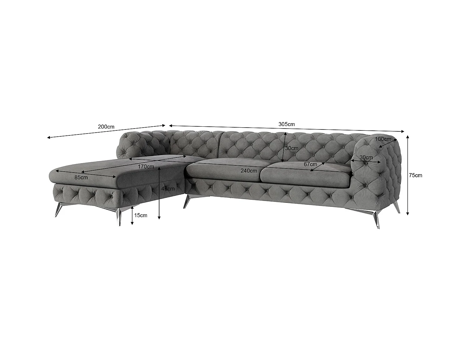 Ecksofa mit Ottomane Chesterfield Celeste mit Silber Metall Füßen