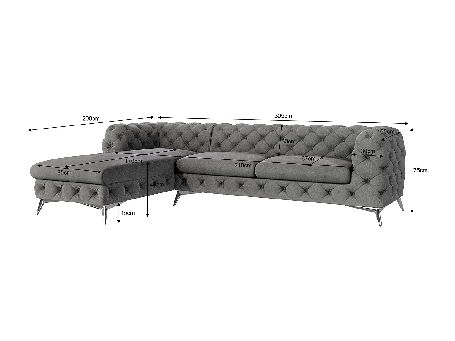Ecksofa mit Ottomane Chesterfield Celeste mit Silber Metall Füßen