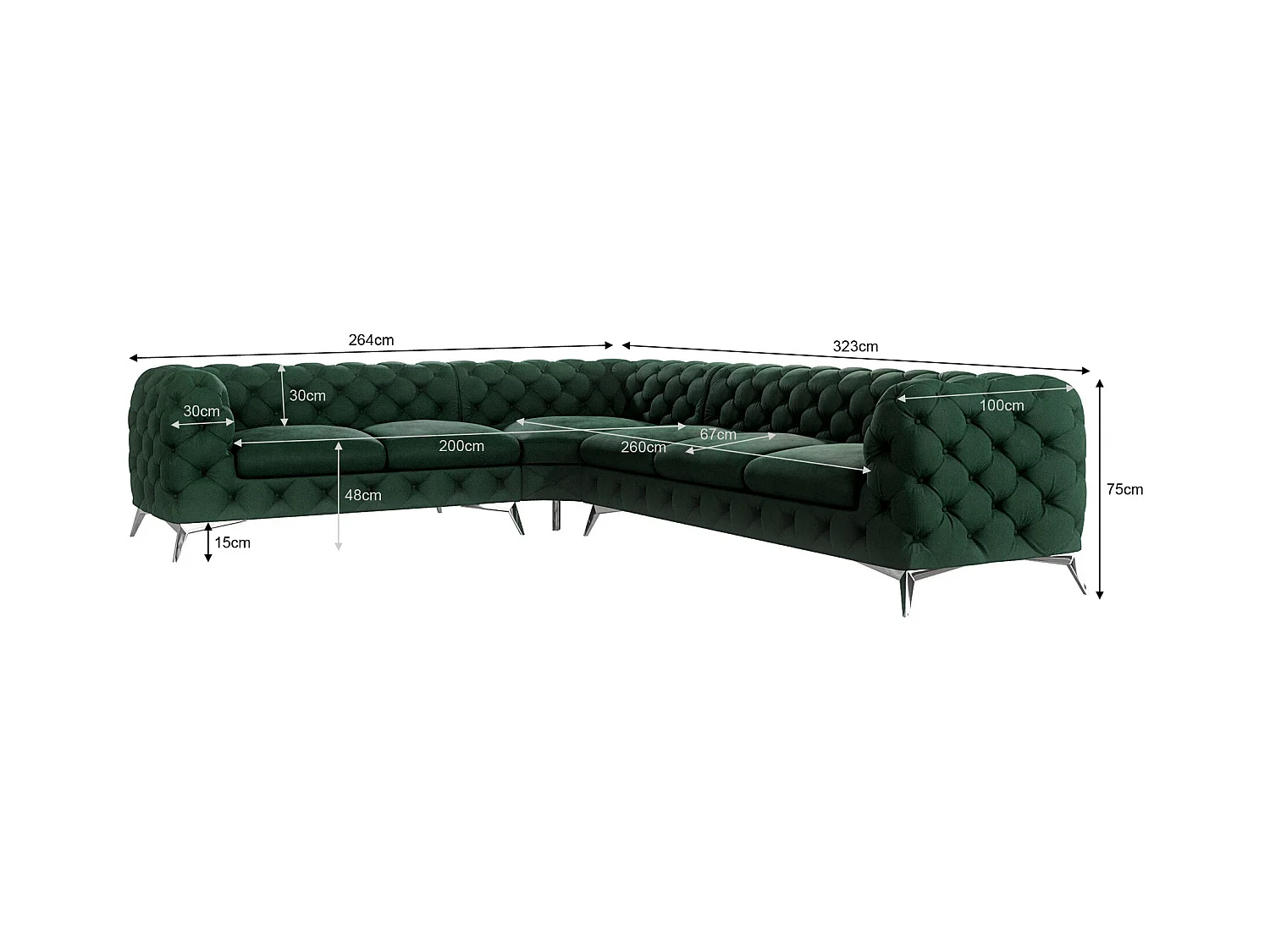 Ecksofa Chesterfield Celeste mit Silber Metall Füßen