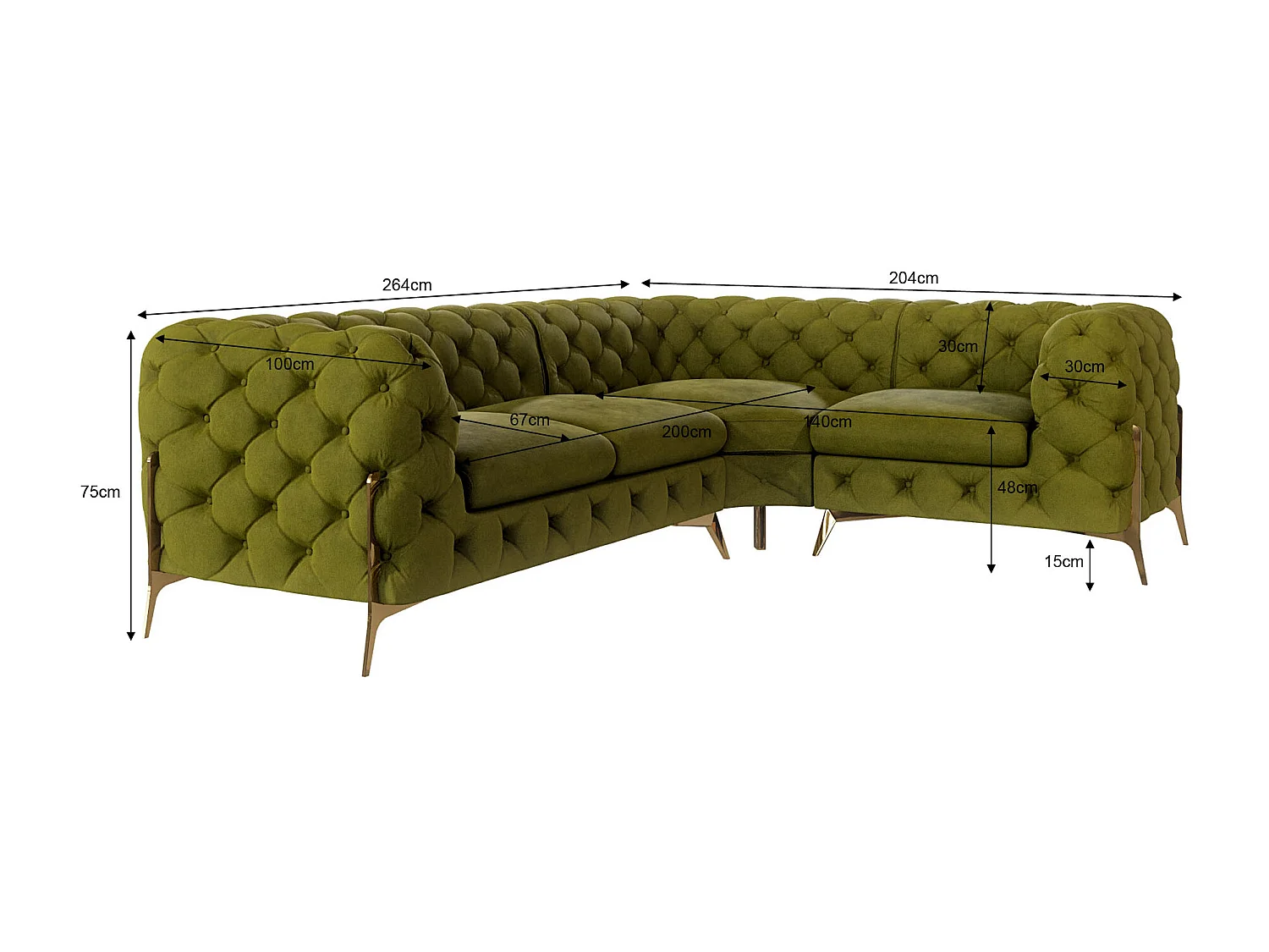 Ecksofa Chesterfield Ulysses mit Goldene Metall Füßen