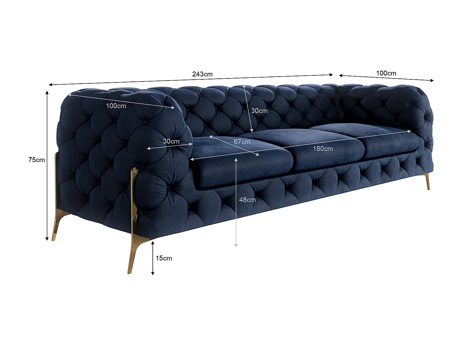 Ulysses 3-Sitzer Chesterfield Sofa mit Goldene Metall Füßen