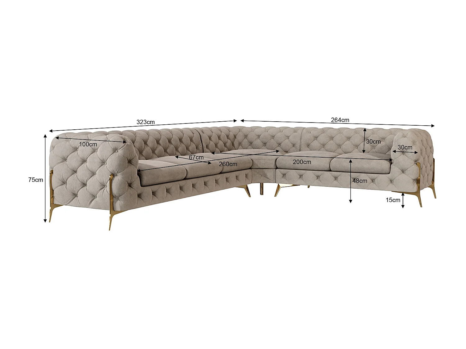 Ecksofa Chesterfield Ulysses mit Goldene Metall Füßen