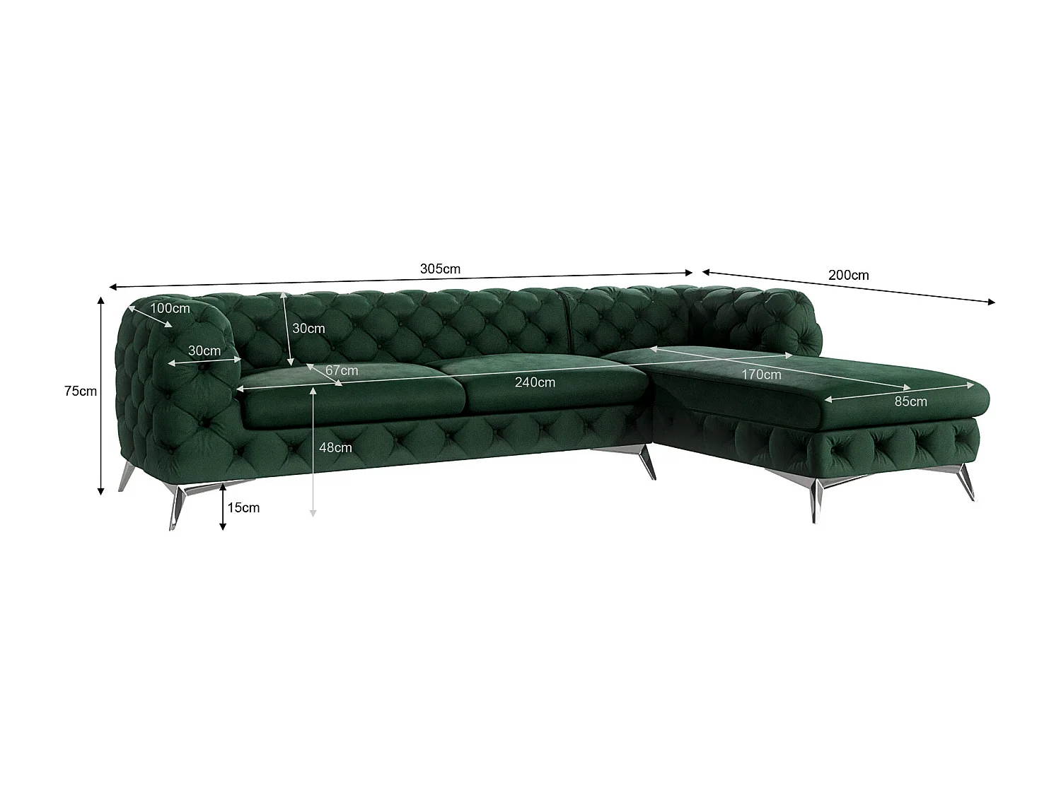 Ecksofa mit Ottomane Chesterfield Celeste mit Silber Metall Füßen