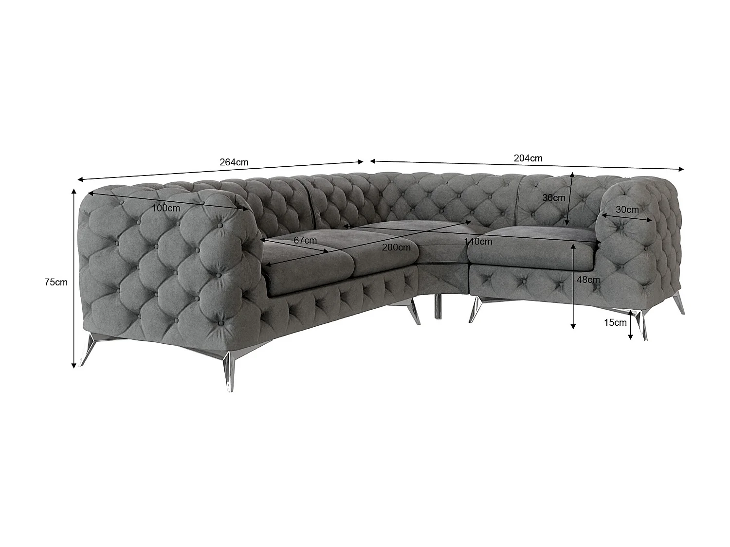 Ecksofa mit Ottomane Chesterfield Celeste mit Silber Metall Füßen
